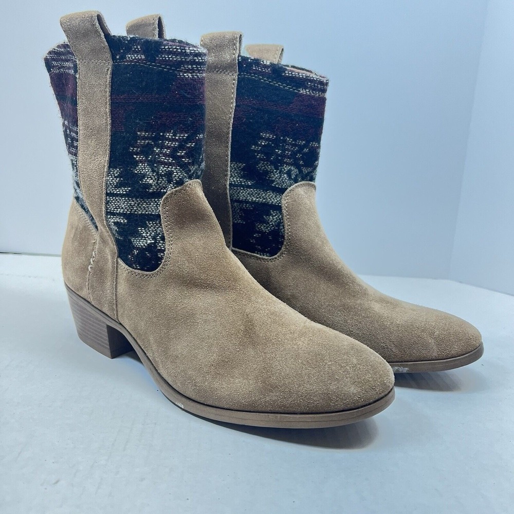 Tan Suede Womens 10 Aztec Patterned Ankle‎ Boots Western Boho Cowgirl Casual